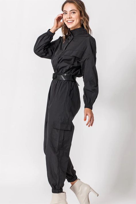 Effortlessly Chic: Kylie Long-Sleeve Jumpsuit - Hedge-Eleven Online Store Tasker Fashion, All Black Jumpsuit, Kylie Jumpsuit, Prison Jumpsuit, Single Poses, Black Jumpsuit Outfit, Full Body Jumpsuit, Oc Fashion, Cosplay Reference