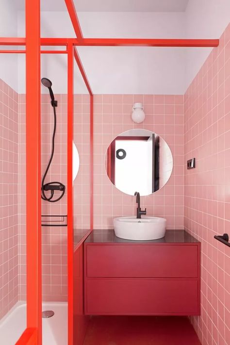 Red Bedroom Decor, Color Combinations Home, Student Apartment, Bathroom Red, Pink Tiles, Bedroom Red, Pink Bathroom, Bathroom Storage Cabinet, Bathroom Colors