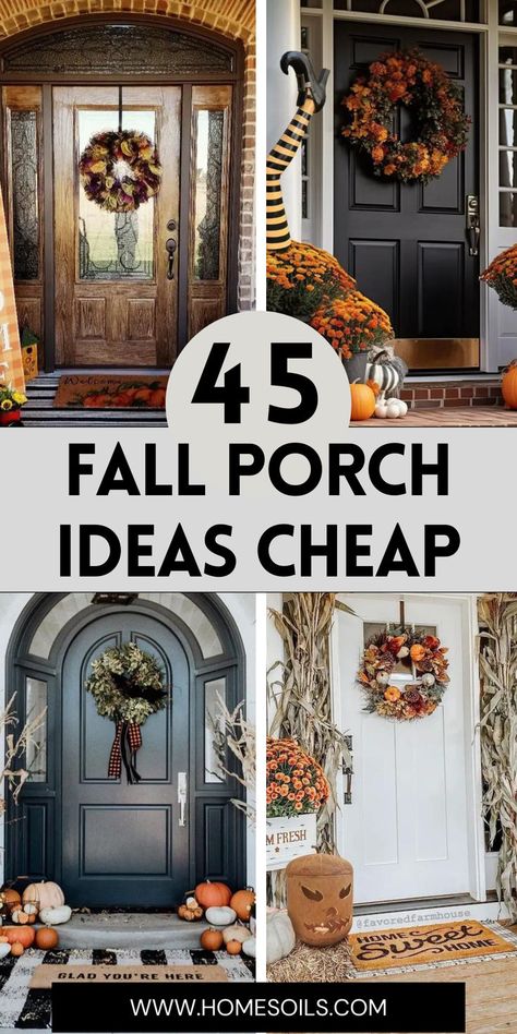 Transform your porch with 45 budget-friendly fall decor ideas, including DIY wreaths, rustic pumpkins, and cozy throws. Create a warm, welcoming space for autumn—find all the ideas on our site! Bails Of Hay Decor Fall, Budget Friendly Fall Porch Decor, Fall Front Port Decor, Hay And Pumpkin Porch Display, Budget Fall Porch Decor, Fall Porch Arrangements, Fall From Porch Decor, Fall Bucket Decor Ideas, Thanksgiving Decorations Porch