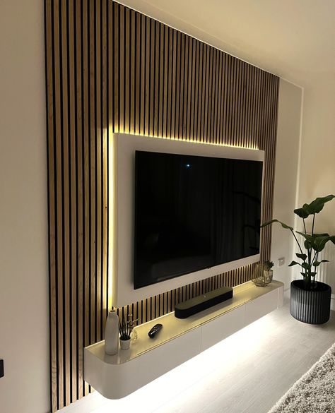 Wooden slat wall, wall panels & acoustic panels » WoodUpp Entrance Tables, Floating Media Console, Tv Wall Design Ideas, Feature Wall Living Room, Wall Design Ideas, Living Tv, Modern Tv Wall, Tv Panel, Wall Panel Design