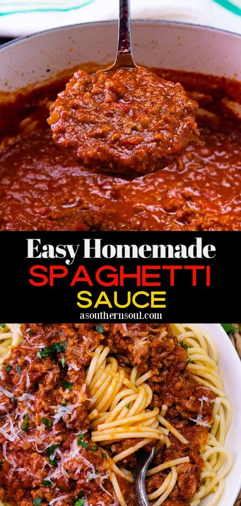 Homemade Easy Spaghetti Sauce, Easy Spaghetti Sauce With Tomato Sauce, Savory Spaghetti Sauce, Recipe For Homemade Spaghetti Sauce, Southern Spaghetti Recipes, Spaghetti Sauce Canning Recipe, Spaghetti Sauce Homemade, Homemade Italian Spaghetti Sauce, February Meals