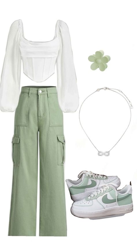 Mint Green Aesthetic Outfit, Light Green Pants Outfit, Light Spring Color Palette Outfits, Mint Green Pants Outfit, Sage Green Outfits, Cute Green Outfits, Pink And Green Outfits, Picnic Attire, Green Outfit Ideas