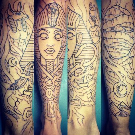 Unfinished Egyptian themed sleeve by Romeo Lacoste Egyptian Tattoo Sleeve, Evil Tattoo, Christian Sleeve Tattoo, Sick Tattoo, Famous Tattoos, Upper Arm Tattoos, Skeleton Hand Tattoo, Back Of Shoulder Tattoo, Egyptian Tattoo