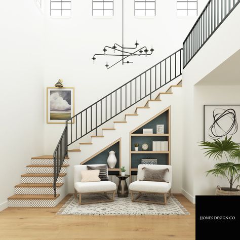 Two Landing Staircase, Foyer Design Staircase, Staircase With Landing Ideas, Area Below Staircase Design, Staircase Down Area Design, Decor By Stairs, Staircase Area Design, Staircase Space Ideas, Foyer Staircase Entryway