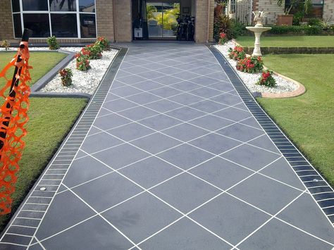 Driveway - Diamond Tile Pattern - Cover-It Resurfacing, Concrete & Cement, Bundaberg, QLD, 4670 - TrueLocal Back Garden Landscaping, Front Garden Ideas Driveway, Diamond Tile Pattern, Garden Ideas Driveway, Paver Designs, Concrete Patio Designs, Walkway Landscaping, Pathway Landscaping, Garden Tiles