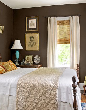 a very interesting brown bedroom.  don't see too many of those. Chocolate Brown Bedrooms, Brown Bedroom Walls, Dark Brown Walls, Brown Rooms, Brown Bedroom, Dark Walls, Brown Walls, Country Bedroom, Trendy Bedroom