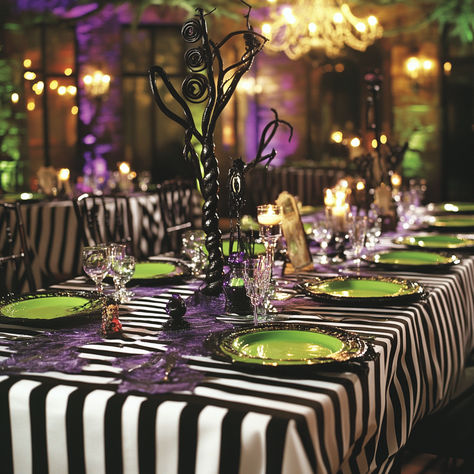 Read our new blog about creating your own Beetlejuice themed party Bettle Juice Party Theme, Bettlejuice Wreath, Beetlejuice Themed Dinner, Beetlejuice Tablescape, Cute Halloween Party Ideas Decorations, Beetle Juice Dinner Party, Beetlejuice Table Decor, Tim Burton Themed Party Food, Beetlejuice Centerpiece