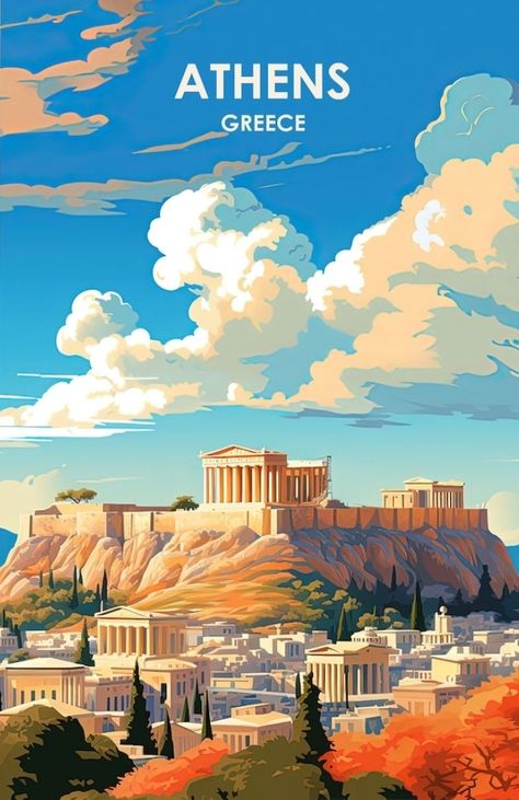 Travel Poster Design, Plakat Design, Retro Travel Poster, Travel Illustration, Travel Wall Art, Poster Retro, Poster Vintage, Athens Greece, Vintage Travel Posters