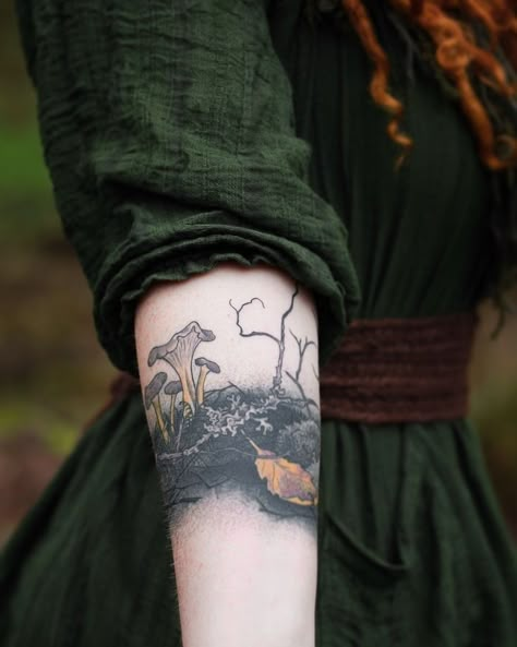 Mushroom Forest Tattoo, Fall Tattoos, Forest Tattoo, Autumn Tattoo, Mushroom Tattoos, Forest Tattoos, Mushroom Forest, Botanical Tattoo, Nature Tattoos