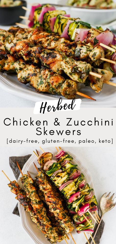 Green Goddess Chicken Skewers, Paleo Chicken Skewers, Chicken And Veggie Skewers Grilled, Grilled Chicken And Zucchini, Meat And Veggie Skewers, Grilled Chicken Zucchini Recipes, Zucchini Skewers Grill, Summer Kebab Recipes, Healthy Chicken Skewer Recipes