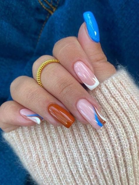 September Nails Art, Trendy Blue Nails, Blue Wedding Nails, Ideas Uñas, Blue Nail Art Designs, Blue And White Nails, Blue Gel Nails, Orange Nail Designs, Orange Nail