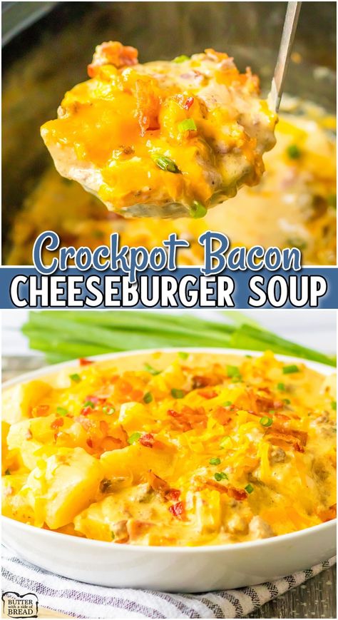 Crockpot Cheeseburger Soup is a hearty dinner full of flavor! This creamy hamburger soup recipe is made with ground beef, bacon, potatoes & a blend of savory seasonings everyone loves! Creamy Hamburger Soup, Hamburger Soup Crockpot, Hamburger Crockpot Recipes, Crockpot Cheeseburger, Cheeseburger Soup Crockpot, Hamburger Potato Soup, Ground Beef Potatoes, Hamburger Soup Recipe, Bacon Potatoes