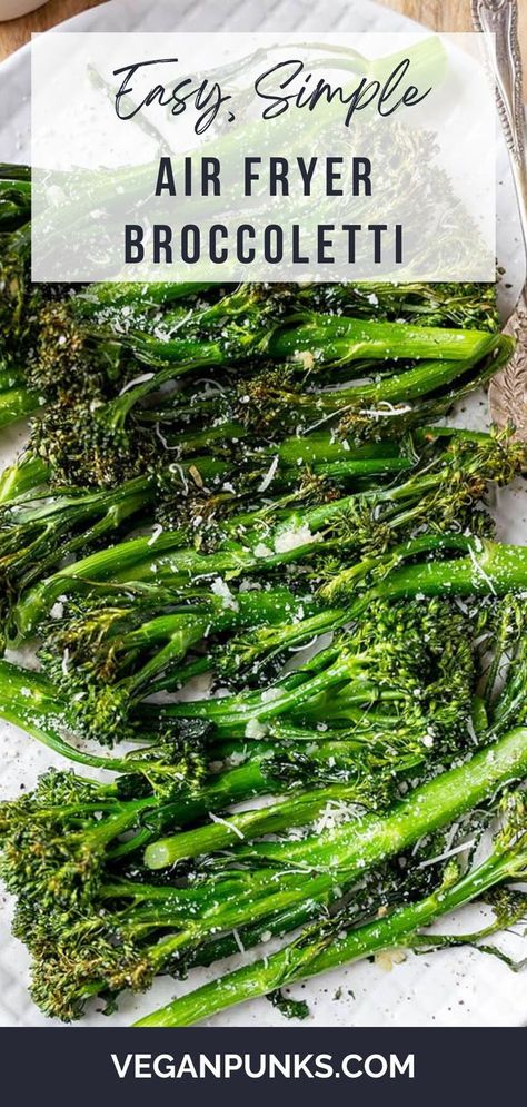 A large oval plate filled with air fried broccolini that's topped with shavings of vegan parmesan. Broccoletti Recipes, Tenderstem Broccoli Recipe, Vegan Yorkshire Pudding, Roast Dinner Recipes, Sage And Onion Stuffing, Roast Dinners, Vegan Roast Dinner, Roasted Broccolini, Sirloin Roast