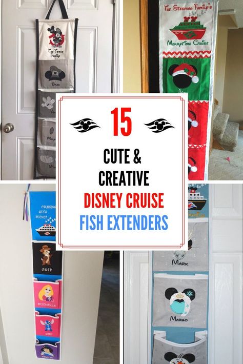 15 Unique Disney Fish Extenders For Your Next Disney Cruise! If you’ve been on a DCL sailing previously, you’ve probably seen themed strips of fabric featuring several pockets hanging from the fish above staterooms’ room numbers. These are fish extenders and they are so much fun. Here are some ridiculously cute options! via @globalmunchkins Diy Fish Extender Hanger, Disney Cruise Fish Extender Gifts, Disney Magic Cruise, Disney Cruise Fish Extender, Disney World Tips, Disney Cruise Vacation, Disney Cruise Tips, Fish Extender Gifts, Cruise Door