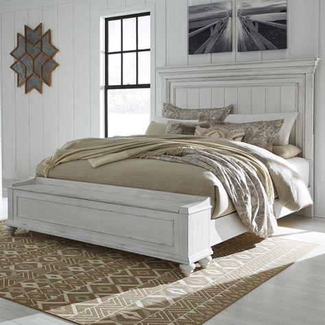 Signature Design by Ashley Kanwyn King Storage Bed in Distressed Whitewash | Nebraska Furniture Mart Upholstered Storage Bed, King Storage Bed, Quaint Cottage, Queen Panel Beds, Upholstered Panel Bed, Bedroom Panel, Headboard Styles, Upholstered Panels, Panel Headboard