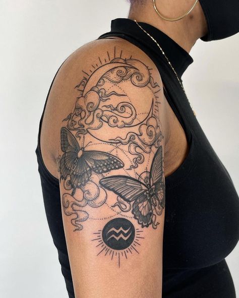 - P H I A - on Instagram: “Moon side 🌙 with butterflies, magical clouds, and Kiara’s moon sign. Thank you, Kiara! This piece mirrors one we did on the other arm a…” Clouds Tattoo, Cloud Tattoo, Women's Tattoo, Moon Signs, Butterfly Tattoo, Polynesian Tattoo, I Tattoo, Skull Tattoo, Tatting