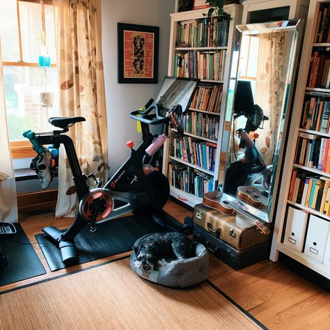 The compact size of this bike made it an easy addition to my home office.    #peloton #officegym #homegym #smallspaces #setup #pelotonsetup Cute Peloton Setup, Peloton In Bedroom, Peloton Setup, German Apartment, Peloton Room Ideas, Peloton Room, Fitness Corner, Workout Office, Home Office/gym