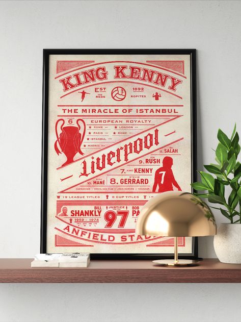 A retro typographic poster featuring famous characters, achievements and events in the history of Liverpool FC. This poster print would make the perfect gift for any Liverpool supporter, whether it be your dad, your boyfriend or a best friend. It features legendary figures of the club such as Bill Shankly, Bob Paisley, Ian Rush, King Kenny, Mo Salad and Steven Gerrard. This is a piece of Liverpool FC Wall Art packed with important fan references. Ian Rush, Liverpool Poster, Middlesbrough Fc, Football Artwork, Famous Characters, Gareth Southgate, Soccer Birthday, Bristol City, Typographic Poster