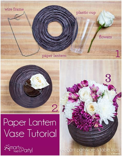 Paper lanterns are fun and vibrant party accessories, but we're taking them to the next level with this creative centerpiece idea! You can easily turn lanterns into gorgeous vases with this tutorial. When filled with flowers, a paper lantern vase makes for such an elegant presentation, sure to be a showstopper at your next event or wedding. What you need: paper lanterns (includes wire frame) -… Affordable Wedding Centerpieces, Creative Centerpieces, Paper Lanterns Diy, Tafel Decor, Diy Event, Diy Papier, Paper Lantern, Diy Centerpieces, Deco Floral