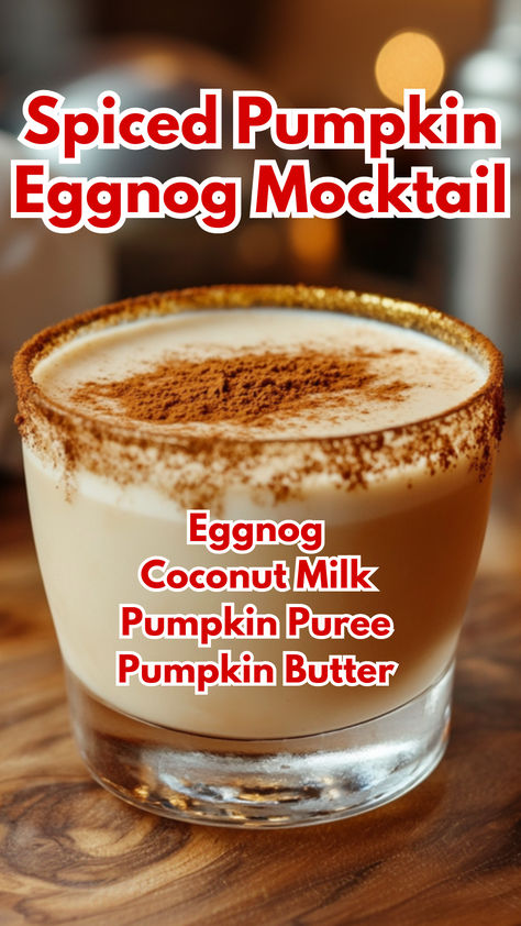 Spiced Pumpkin Eggnog Mocktail Eggnog Mocktail Recipe, Pumpkin Mocktails, Thanksgiving Drinks Non Alcoholic, Fall Party Drinks, Pumpkin Eggnog, Pumpkin Drink Recipes, Coconut Cocktails, Smoothie Party, Eggnog Cocktail