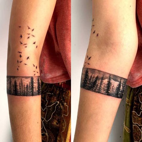 Mountain Tattoos, Back Of Arm Tattoo, Forearm Band Tattoos, Wild Tattoo, Tattoo Inspiration Men, Landscape Tattoo, Back Of Shoulder Tattoo, Arm Band Tattoo, Tattoo Bracelet