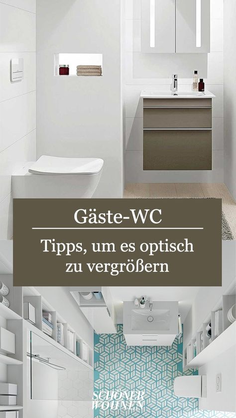 Kleine Gästebäder und Gästetoiletten lassen sich mit ein paar Kniffen optisch größer gestalten. Das richtige Licht, Spiegel und platzsparender Inspiration wird der Mini-Raum optimal genutzt. Bad Klein, Wc Inspiration, Mini Bad, Wc Design, Alcove Bathtub, Bathroom Lighting, Lighted Bathroom Mirror, Bathroom Mirror, Vision Board