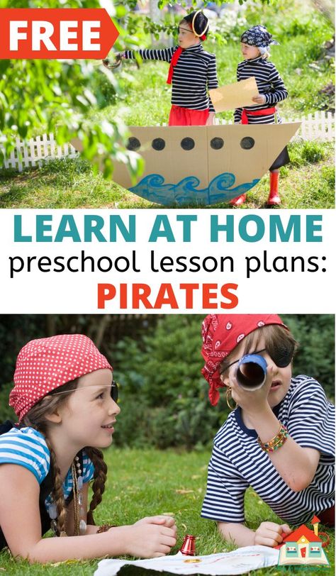 This engaging pirate preschool theme is full of ways to infuse pirates with your preschoolers, and all in tidy printable pirate-themed lesson plans. Here you'll find 15+ ideas for a pirate preschool theme, including book lists, art and sensory play, literacy activities, and some math and science fun. Pirate Preschool Activities, Pirate Maths Activities, Pirate Activities Preschool, Pirate Maths, Pirate Preschool, Pirate Activities, Toddler Lessons, Lesson Plans For Toddlers, Dramatic Play Preschool