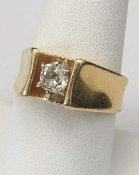 "- Lovely 14k Yellow Gold Modernist Style Old Mine Cut Diamond Ring - Ring Size 8.5 - Ring marked \"BB 14k\" - Six prong set old mine cut diamond measuring 5.47mm by 12mmx 4.10mm, carat weight .55ct - Diamond Clarity = SI-2, Diamond Color = K-L - Ring mounting measures 9.30mm in width at top tapering to 5.60mm at base - Ring weighs 8.3 grams - Ring is in very good to excellent vintage condition" Diamond Thick Band Ring, 80s Style Engagement Rings, Moving Diamond Ring, Funky Diamond Rings, Nadia Shelbaya Ring, Modernist Engagement Ring, Mid Century Ring, 1980s Engagement Ring, Thick Gold Band With Diamond