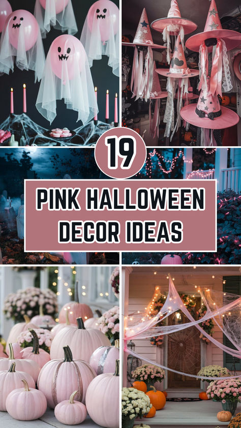 Pink Halloween Decor Pink Outdoor Halloween Decor, Chic Table Settings, Pink Halloween Decor, Pastel Pumpkins, Black Palette, Halloween Decor Ideas, Chic Table, Halloween Displays, Halloween Inspo