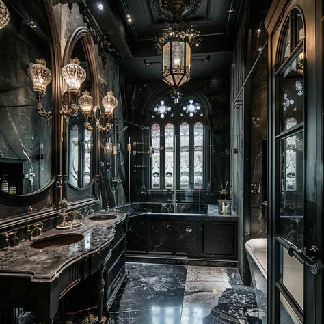 30 Bathroom Styles: Rococo Magnificence with a Hint of Baroque-Gothic Mystery Gothic Restroom, Dark Bathroom Paint, Victorian Gothic Bathroom, Moody Bathroom Design, Dark Bathroom Decor, Victorian Bathroom Ideas, Moody Bathroom Ideas, Bathroom Ideas Dark, Bathroom Decor Dark