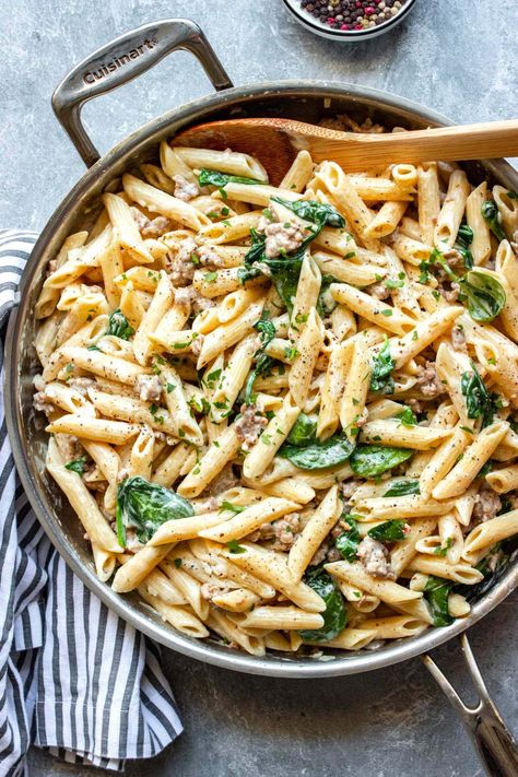 Enjoy this comforting and creamy sausage pasta with Italian sausage and your favorite pasta smothered in a decadent garlic-Parmesan sauce. Creamy Parmesan Pasta, The Cooking Jar, Pasta With Italian Sausage, Creamy Sausage Pasta, Sausage Spinach Pasta, Comfort Pasta, Tuscan Chicken Pasta, Sausage Pasta Recipes, Italian Sausage Pasta