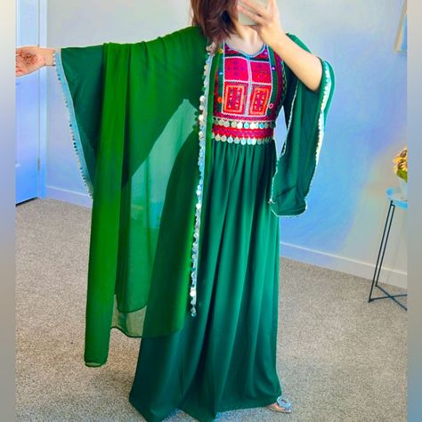 The Very Stylish Free Size Dress Is Designed In Green Color With Red Ribbon And Afghan Coin Afghan Simple Dress, Simple Afghani Dress, Free Size Dress, Afghani Dress, Dolman Dress, Afghani Clothes, Orange Maxi Dress, Cami Maxi Dress, Afghan Dresses