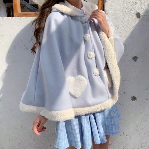 Mantel Cape, Winter Cape, Faux Fur Cardigan, Wool Wrap Coat, Fur Cardigan, Style Kawaii, Kawaii Fashion Outfits, Cute Jackets, Cape Coat