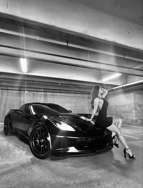 Woman posed on the hood of a C7 corvette Poses With Sports Cars, Sport Car Photoshoot, New Car Photo Ideas, Corvette Model Photoshoot, On Top Of Car Photoshoot, Car Shooting Girl, Luxury Car Photoshoot, Photo Ideas With Car, Car Pictures Instagram Baddie