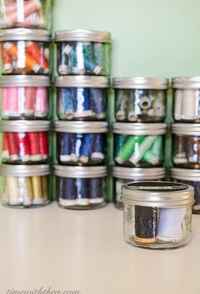 how and why i store my sewing thread stash in clear glass mason jars, craft rooms, mason jars, organizing, storage ideas Mason Jar Sewing Kit, Diy Mason Jars, Sewing Projects For Guys, Mason Jar Storage, Craft Supply Storage, Room Storage Diy, Sewing Room Storage, Thread Storage, Sewing Room Decor