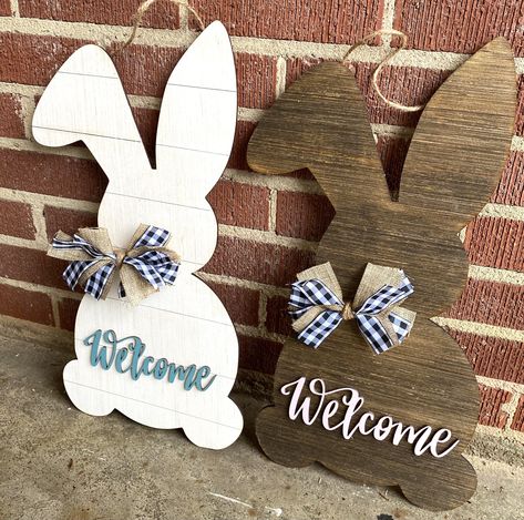 Easter Bunny Wood Cutout, Wood Bunny Cutouts, Wood Bunny Door Hanger, Filofax Diy, Wood Easter Bunny, Wooden Easter Decorations, Easter Bunny Door Hanger, Easter Porch Decor, Bunny Sign