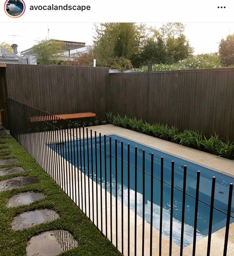 Black Pool Fence Ideas Australia, Black Metal Pool Fence, Black Pool Fencing, Black Pool Fence, Pool Railing Ideas, Pool Fencing Ideas Australia, Modern Pool Fence, Dip Pools, Pool Fencing Landscaping