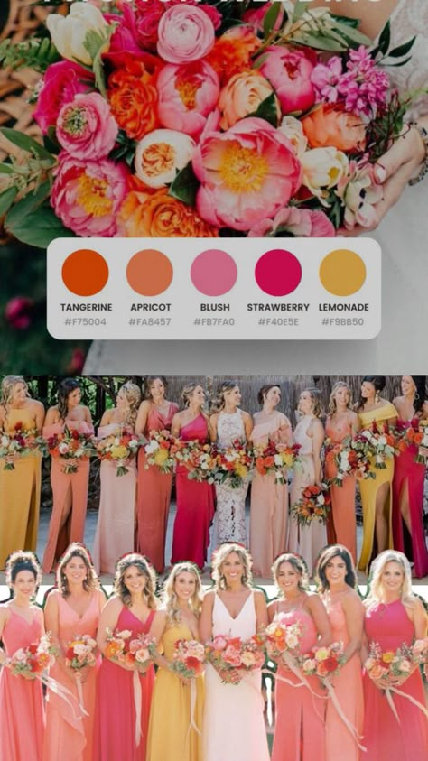 Bright Summer Wedding Bridesmaids, Orange Palette Bridesmaid Dresses, Sunset Bridesmaid Dress, Beach Color Wedding Colour Palettes, Bridesmaid Dresses Pink Orange, Outside Wedding Party, Colour Palette Bridesmaid Dresses, Tropical Wedding Theme Colors Bridesmaid Dresses, Bright Colour Bridesmaid Dresses