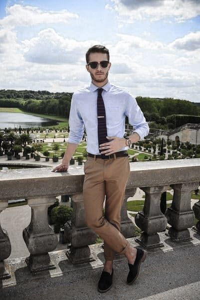 What To Wear With Khaki Pants For Men - 50 Male Outfit Styles Blue Shirt Outfit Men, Mens Wedding Guest Outfit, Wedding Guest Men, Blue Pants Men, Baby Blue Shirt, Beach Outfit Men, Mens Work Outfits, Light Blue Dress Shirt, Shirt Outfit Men