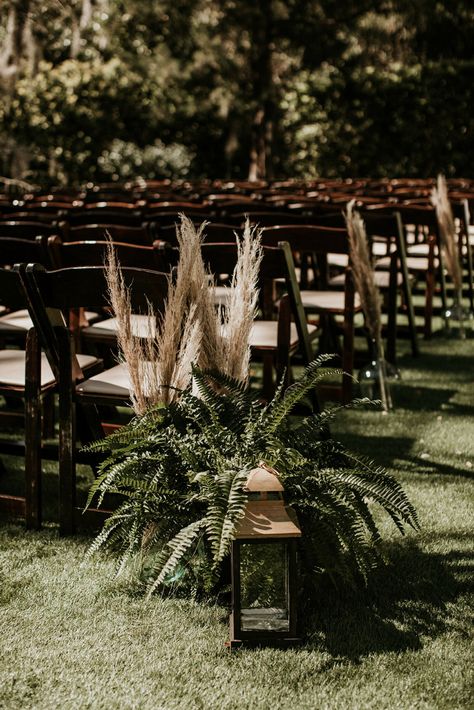 Pampas Aisle Markers, Pampas Grass And Fern Wedding, Fern Wedding Alter, Ferns For Wedding Ceremony, Wrightsville Manor, Cottagecore Wedding, Fern Wedding, Coachella Inspiration, Aisle Markers