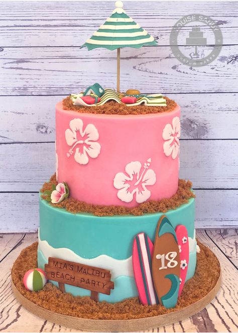 Tropical Themed Cake Ideas, Hawaii Theme Party Cake, Sweet 16 Hawaiian Theme Cake, Sweet 16 Luau Cake, 18th Hawaiian Theme Party, Cake Beach Birthday, Luau Theme Birthday Cake, Miami Birthday Cake, Pool Party Bday Cake