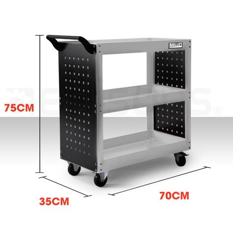 BULLET 3-Tier Steel Tool Trolley Cart Workshop, with Pegboard, Screwdriver Bay, Ruler, Black and Silver Tool Trolley Ideas, Trolley Cart Ideas, Ruler Table, Tool Trolley, Garage Warehouse, Tool Hangers, Cart With Wheels, Classic Furniture Design, Tool Cart