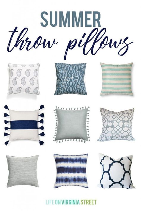 A collection of the cutest and most stylish summer throw pillows. Many of which are under $25! Love the stripes, tassels, and graphic patterns on these blue, navy and white pillows. Summer Throw Pillows, Life On Virginia Street, Beautiful Home Gardens, Guest Bedroom Decor, Summer Pillows, Funky Home Decor, Mantel Decor, Summer Home Decor, How To Make Pillows