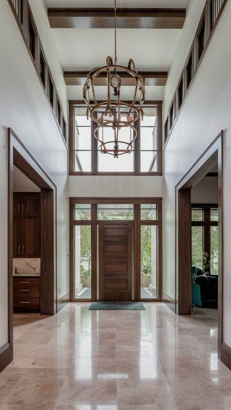 Double Height Entrance Foyer, Double Height Foyer, Double Height Entrance, High Ceiling Entryway, Spherical Chandelier, Double Wood Front Doors, Grand Foyer Entrance, Dark Wood Trim, Modern Foyer