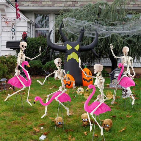 Package Contents: you will get 4 pieces of plastic lawn flamingos in 2 styles, 4 pieces of skeletons, 8 pieces in total; It is also equipped with a hot melt glue gun and hot melt glue stick to better fix the product, a practical combination for you to decorate your Halloween party Reliable and Sturdy: our Halloween skeleton and flamingo are mainly made of plastic, and the flaming equipped with metal legs to withstand different weather condition, not easy to fade Flamingos And Skeletons, Skeleton Riding Flamingos, Skeletons Riding Flamingos, Flamingo Trunk Or Treat Ideas, Outdoor Skeleton Decor, Halloween Flamingo Decor, Flamingo Trunk Or Treat, Flamingo Skeleton, Skeleton Halloween Decorations