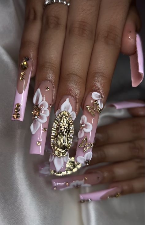 Latina Nails With Gems, Guadalupe Nail Designs, Dramatic Nail Sets, Bling Acrylic Nails With Initial, Rhinestone Nail Designs Bling, Pink Quinceanera Nails Long, Virgin Mary Charm Nails, Red San Judas Nails, Nails With San Judas