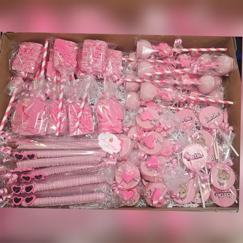 Includes 1 dozen Cake pops 1 dozen Chocolate Covered Pretzels 1 dozen lollipops 1 dozen chocolate covered oreos Barbie Theme Treat Table, Pink White Birthday Decor, Pink Treat Table, Pink Chocolate Covered Oreos, Candyland Treats, Barbie Treats, Barbie Dessert Table, Dessert Table Treats, Bas Mitzvah