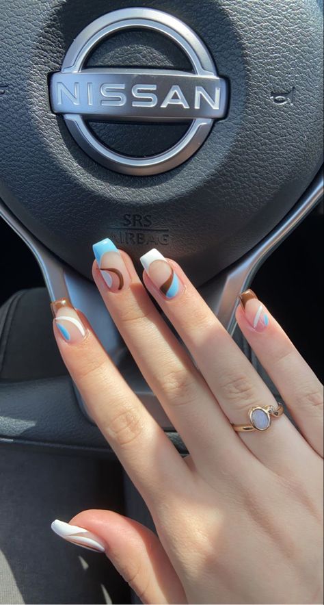 Blue Brown Nail Designs, Brown And Blue Acrylic Nails, Nails Brown And Blue, Light Blue And Brown Nails, Beige And Blue Nails, Blue And Brown Nails Designs, Brown And Blue Nails Design, Blue Brown Nails, Blue And Beige Nails