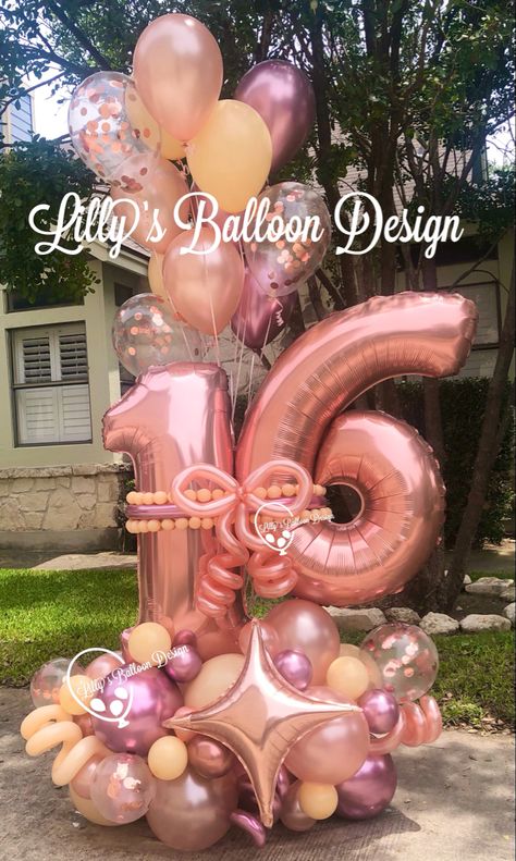 #thisissixteen #birthdaymood #loveit #16 #family #balloonart #glitter #familyfun #fun #cake #partytime #balloons #balloonsculptures #beautiful #surprise #flowers #happy #cheers #sanantonio #art #texas #style #birthdaycake #balloonbouquet #loved #artist #artwork #lillysballoondesign #art #birthdayvibes Sweet 16 Balloon Bouquet, 16th Birthday Balloon Ideas, 16 Balloon Bouquet, Ballon Buquet, Sweet 16 Balloon Decorations, Outdoor Sweet 16, 16th Birthday Balloons, Sweet 16 Balloons, Surprise Flowers