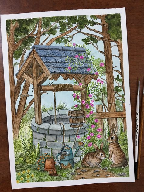 Watercolor painting, water well Wishing Well Drawing, Wishing Wells, Water Watercolor, Baba Jaga, Whimsical Art Journal, Nature Art Drawings, Painting Water, Art Painting Tools, Garden Illustration